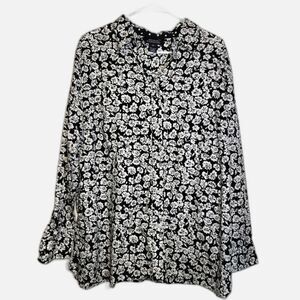 Jones New York Black White Floral Button Up Top 2X
